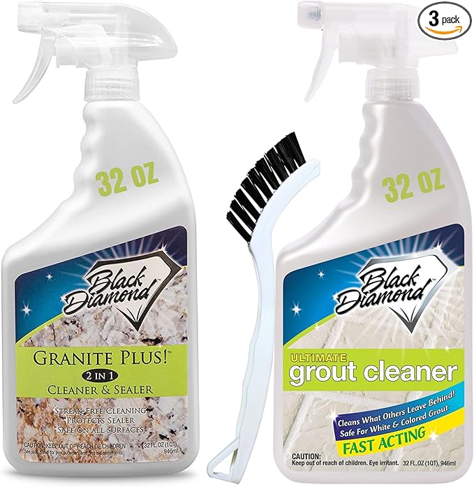 Granite Plus (Cleaner & Sealer) Deep Cleans & Seals All Natural Stone Countertops + Ultimate Grout Cleaner with Brush – Safe for Natural Stone - Acid Free - Lifts Dirt & Stains (2pack)