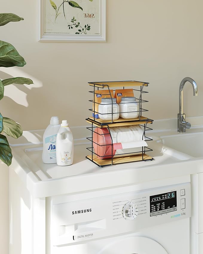 2 Pack Trash Bag Holder/Dispenser, Stackable Storage Laundry Kitchen Organizers for Countertop Organization, Wall Mount Garbage Bag Dispenser with wooden Top, No Drill