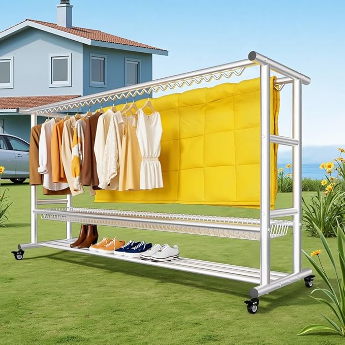 Clothes Drying Rack with Windproof Hooks, 78.7 inch Adjustable Heavy Duty Laundry Drying Rack, Free Standing Metal Clothes Rack, for Indoor Outdoor