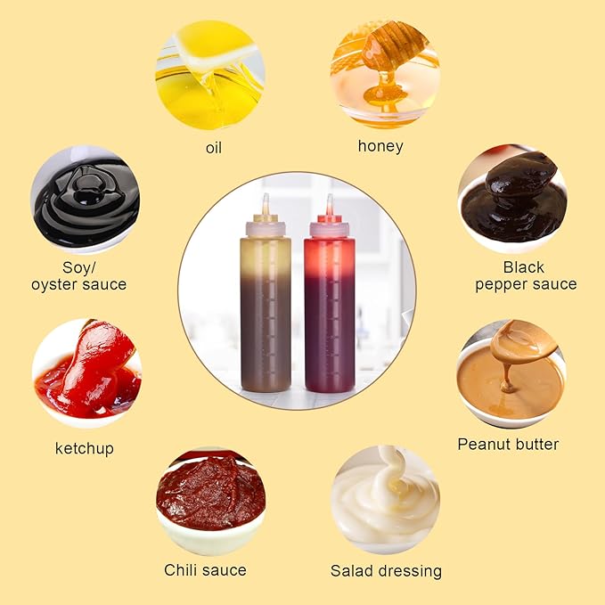 Squeeze Bottles for Sauces 2 Pack, 27 Ounce 800ml Plastic Dressing Squirt Bottles with Cap Lids, Condiment Bottle for Liquids BBQ Dressing Pancake Art Dispenser