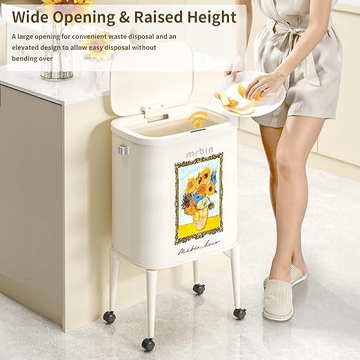 MRBIN Metal Motion Sensor Kitchen Trash Can with Wheel Legs, 36L / 9.5gal Medium Press Lid Slim Waste Basket, Pet Proof Tall Narrow Garbage Pail for Vanity, Bedroom, Bathroom, Living Room, Sunflower