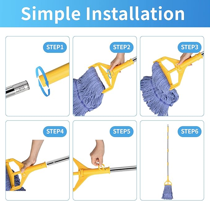 Commercial Mop with Extra Head Replacement, 63Inch Handle Heavy Duty Industrial Mop Looped-End String Wet Mops for Floor Cleaning for Warehouse, Workshop, Garage, Office, Home (2 Mops Head)