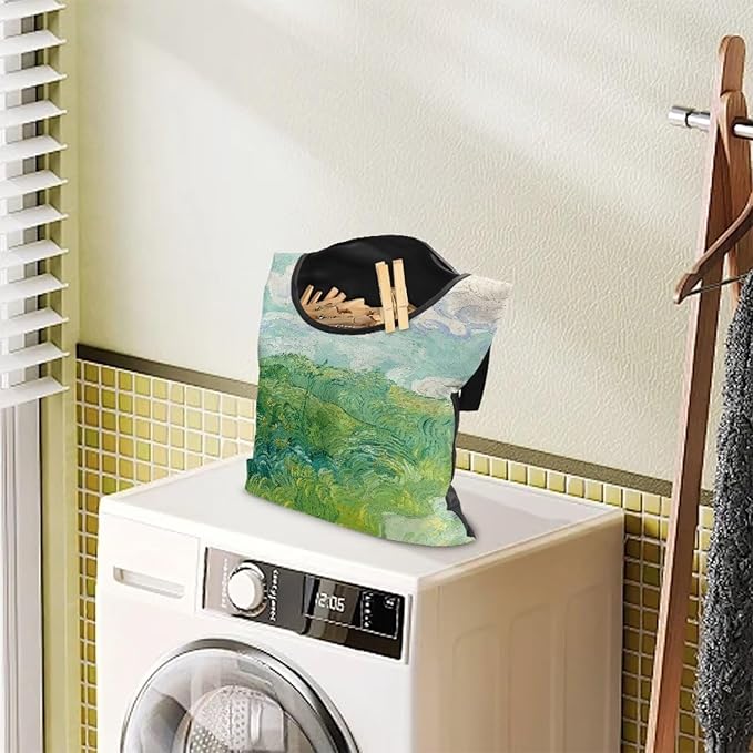 Green Wheat Field Print Windproof Clothespin Holder Bag for Outdoor Use - Durable Storage Organizer with Secure Closure - Hanging Clothes Pin Bag for Laundry & Drying Lines