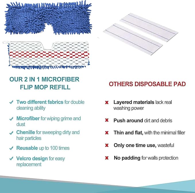 3 Pack Microfiber Mop Head Refills for O-Cedar Dual-Action Flip Mop, Reusable Chenille & Microfiber Pads for Dry and Wet Use, Compatible with Hardwood and Multi-Surface Floors