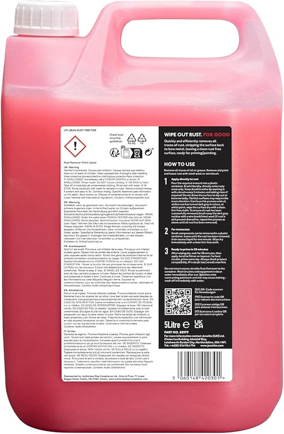 JENOLITE Rust Remover for Metal - Fast Acting No Drip Thick Liquid - Industrial Strength, Removes Rust Back to Bare Metal - 1.32 Gallon (5 Liter)