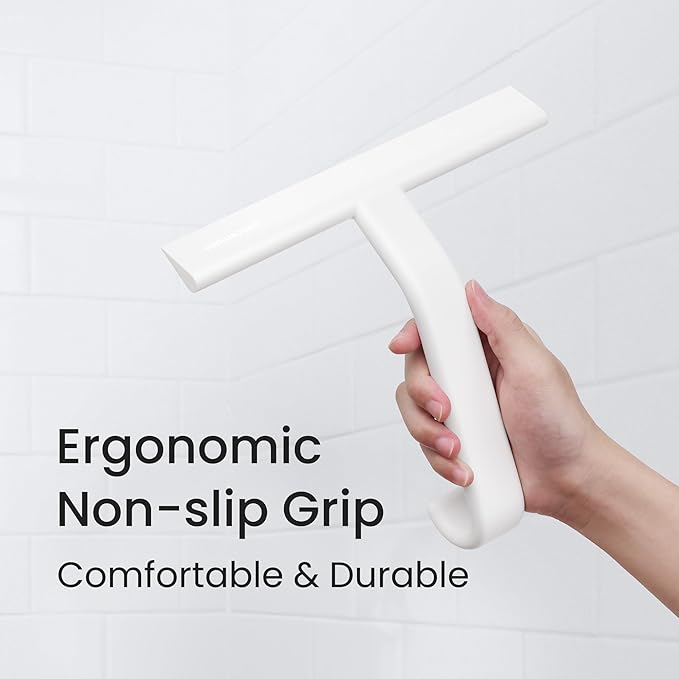 dancemoon JustHang Shower Squeegee for Glass Doors, All-One-Piece Silicone with Built-in Hook Design for Easy Hanging and Cleaning, 10 Inch White