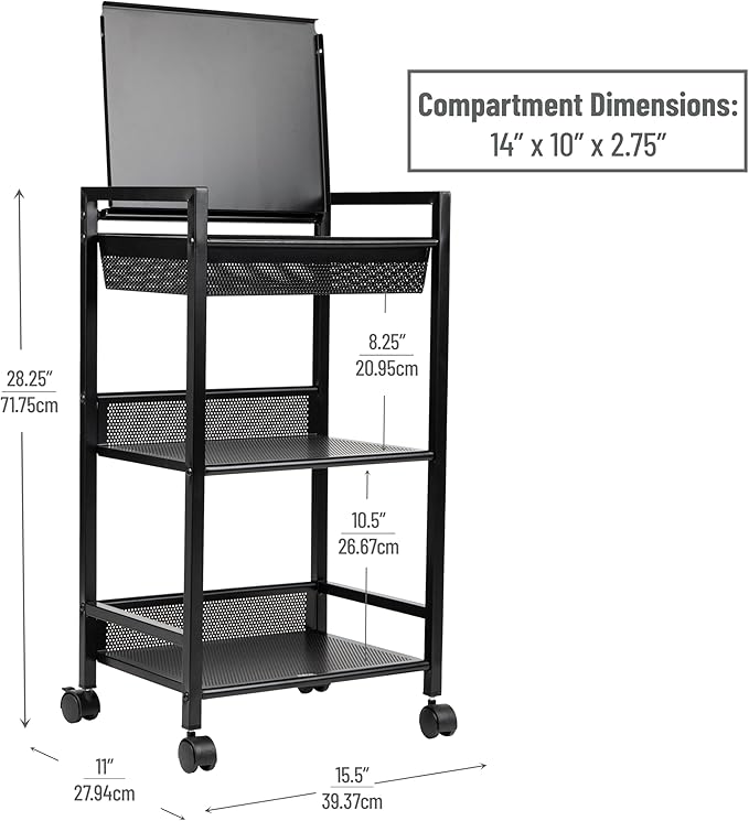 Mind Reader Cart with Covered Compartment, Office Organizer, Storage, 3-Tier, Office, Metal, 15.5" L x 11" W x 28.25" H, Black
