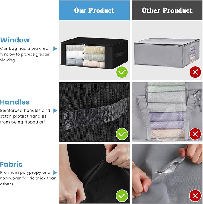 HomeHacks 6-Pack Clothes Organizer Storage Bags Foldable Storage Box with Large Clear Window Sturdy Handles for Closet, Dorm, Pillows, Bedding, Clothes, Stuffed Toys, Blankets, 35L, Black