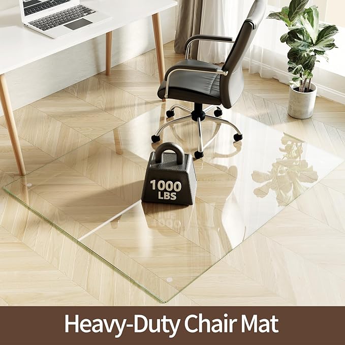 Koonmi Tempered Glass Chair Mat 51"x63" - Premium Office Chair Mat for Hardwood Floors & Low-Pile Carpet with 4 Non-Slip Pads - Thick Scratch-Resistant Surface