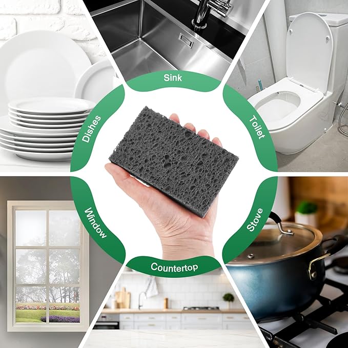 12-Pack Kitchen Sponges, Condense Eco Cellulose Non-Scratch Scrub Heavy Sponge for Kitchen/Household/Bathroom, Clean Tough Messes Dish Scrubber [Black]