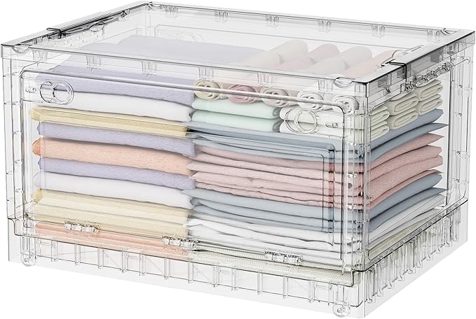 BROVIEW Clear Stackable Storage Drawers, Open Front Large Plastic Storage Bins with Lids, Foldable Closet Organizers and Storage for Wardrobe Cabinets, Pantry, Makeup,1 Pack
