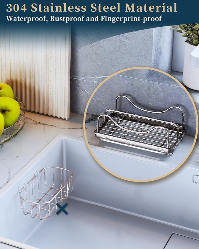 Consumest Sponge Holder for Kitchen Sink - Movable Sink Caddy for Countertop Organizer, 304 Stainless Steel Sponge Holder with Detachable Drip Tray for Kitchen Accessories, Sand Nickel