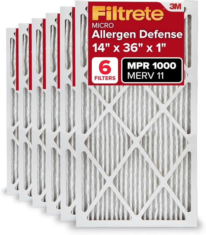 Filtrete 14x36x1 AC Furnace Air Filter, MERV 11, MPR 1000, Micro Allergen Defense, 3-Month Pleated 1-Inch Electrostatic Air Cleaning Filter, 6 Pack (Actual Size 13.88x35.9x0.81 in)
