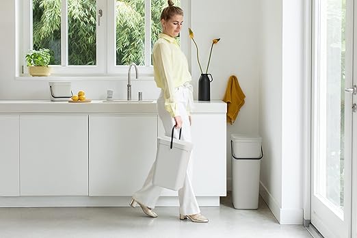 Brabantia Sort & Go Food Trash Can (0.8 Gal/Light Gray) Small Countertop Kitchen Compost Caddy with Handle & Removable Lid, Easy Clean