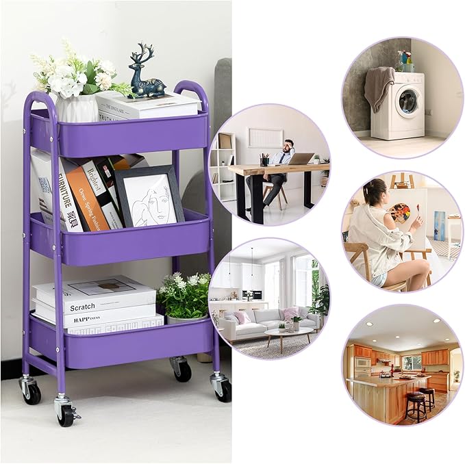 AGTEK Makeup Cart, Movable Rolling Organizer Cart, 3 Tier Metal Utility Cart with Lockable Wheels for Home & Office, Violet