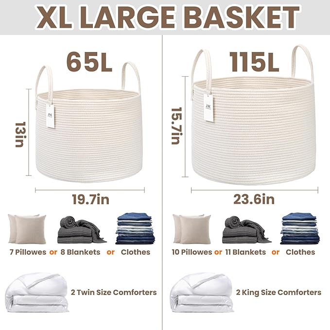 Woven Blanket Basket,65L Large Rope Storage Bin with Handles, Organizer for Blankets Toys Book and Clothes, Laundry Basket for Living Room Bedroom Nursery,White