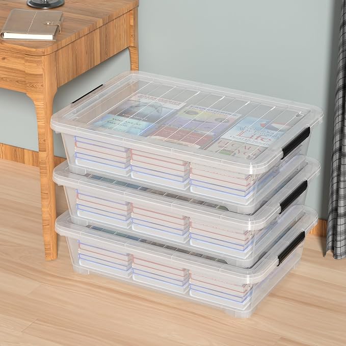 Set of 3 42 L Clear Plastic Under The Bed Storage Bins, Underbed Box with Latching Lid and Wheels, Flat Container for Dormitory, Apartment, Attic