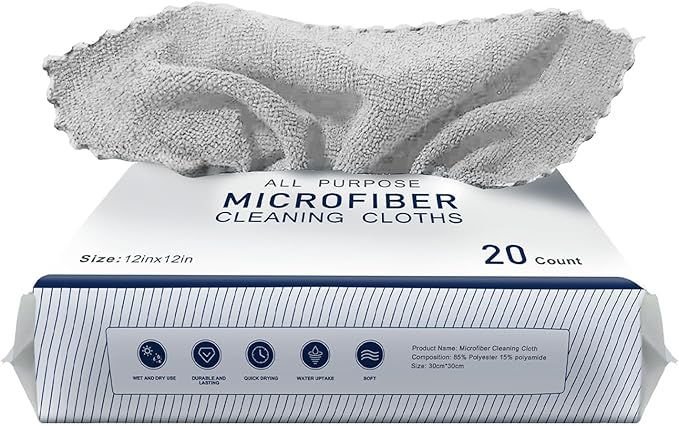 20Pack Microfiber Cleaning Cloth in Bag,Multi-Purpose Reusable Cleaning Wipes Rags,Lint Free,Scratch & Streak-Free Cloth for Car,Small Microfiber Towels for House Wash,12" x 12" (LightGrey)