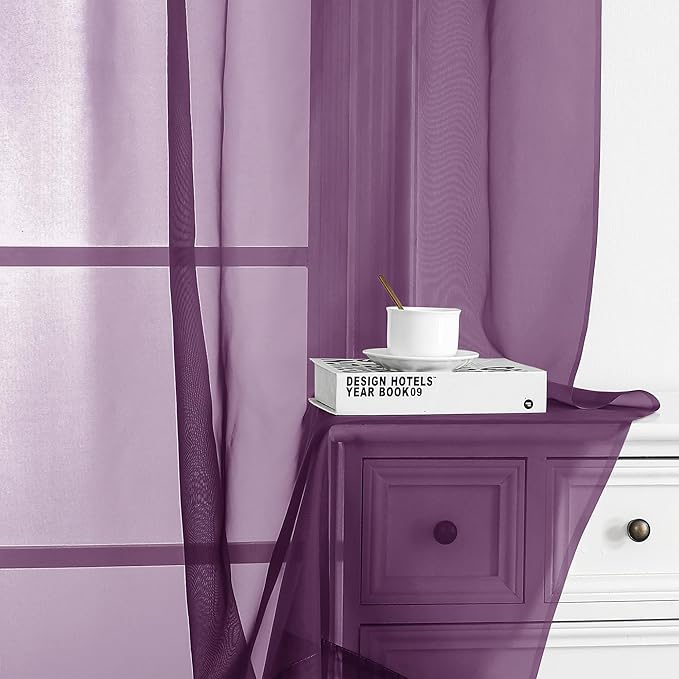 Chyhomenyc Plum Sheer Curtains 63 Inch Length 2 Panels, Rod Pocket Solid Window Sheer Curtain Panels, Elegant Curtains & Drapes for Living Room Bedroom 2 Panels (Plum, 42 W x 63 L)