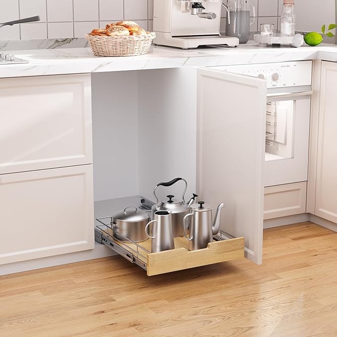 Pull Out Cabinet Organizer,Heavy-Duty Slide Out Shelf, Wood And Wire Basket, Pull Out Drawer for for Kitchen Under Sink Space, Pantry, Bathroom (26 * 21 WM)