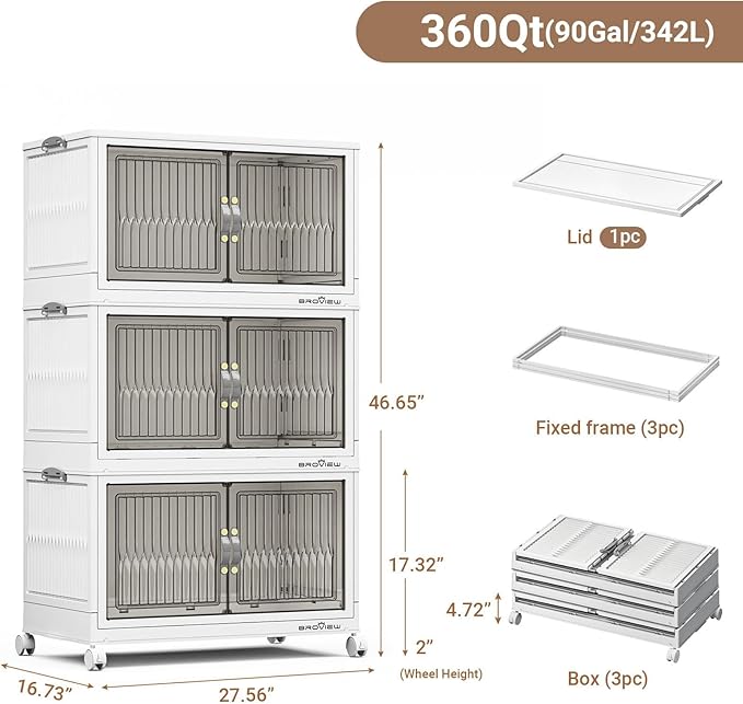 BROVIEW 360Qt Stackable Storage Bins with Lid, Extra Large Closet Organizer Collapsible Drawer Boxes with Wheels, Folding Plastic Cabinet Containers for Home Kitchen Room Organization, 3Pack White