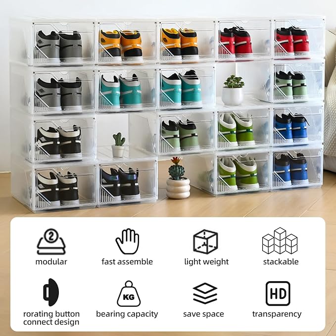 Modular XX-Large Shoe Organizer,6 Pack Shoe Storage Organizer Easy to Assemble,Shoe Box Clear Plastic Stackable,Drop Front Shoe Box with magnetic Door, Containers For Sneaker,Fit up to US Size 15