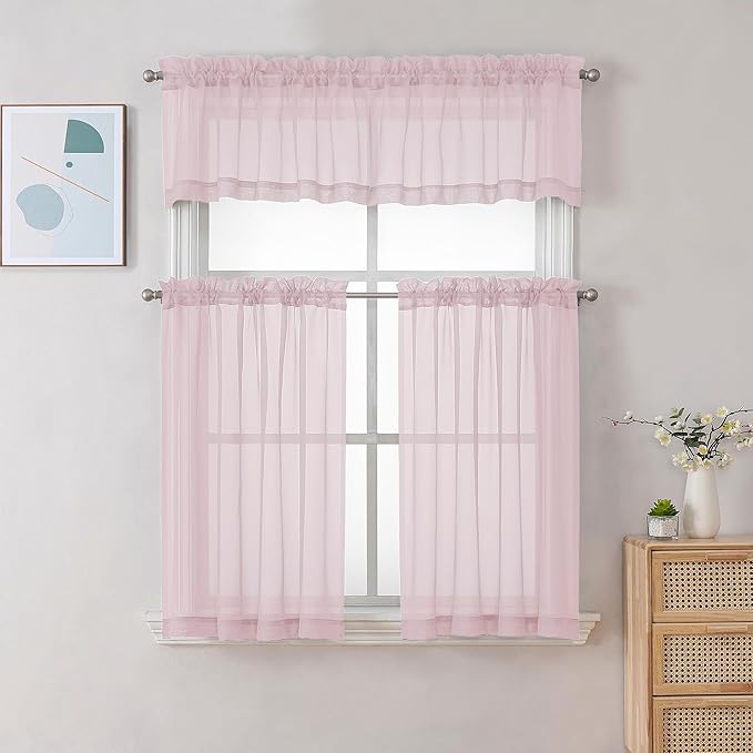 Chyhomenyc Sheer Curtains 24 Inch Length, Small Window Curtains for Bathroom Living Room Basement, Voile Short Rod Pocket Curtain Tiers, 42in Wx 24in L, 2 PCS, Blush Pink
