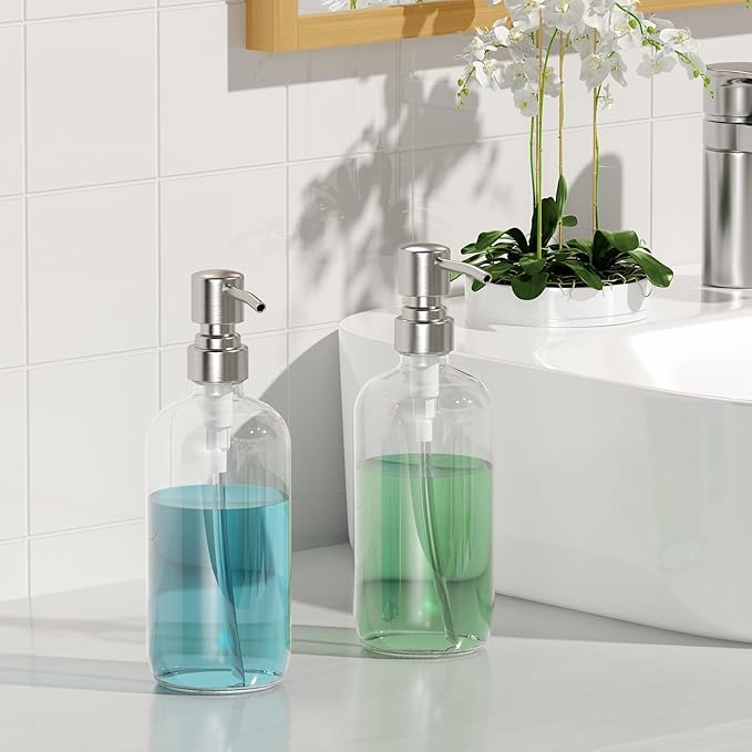 AmazerBath Soap Dispenser, 2 Pack Glass Soap Dispenser with Pump Stainless Steel, 17 Oz Hand Soap Bottles Bathroom Kitchen, Clear