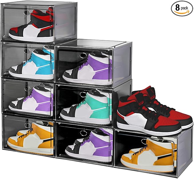 Large Shoe Boxes Clear Plastic Stackable, 8 Pack Drop Side Shoe Storage Boxes with Magnetic Door, Shoe Storage Organizer Sneaker Storage Display Fit up to US Size 13 Black