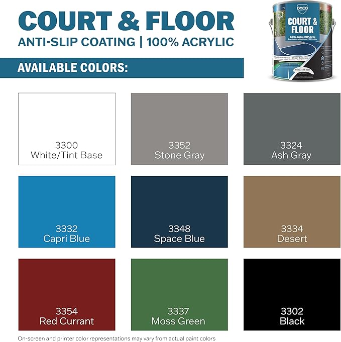 DYCO Court & Floor Anti-Slip Coating - Slip-Resistant Pavement, Cement & Concrete Paint for Pickleball, Tennis & Basketball Courts, Exceeds ADA Standards for Safety Areas (White, 1 Gallon)
