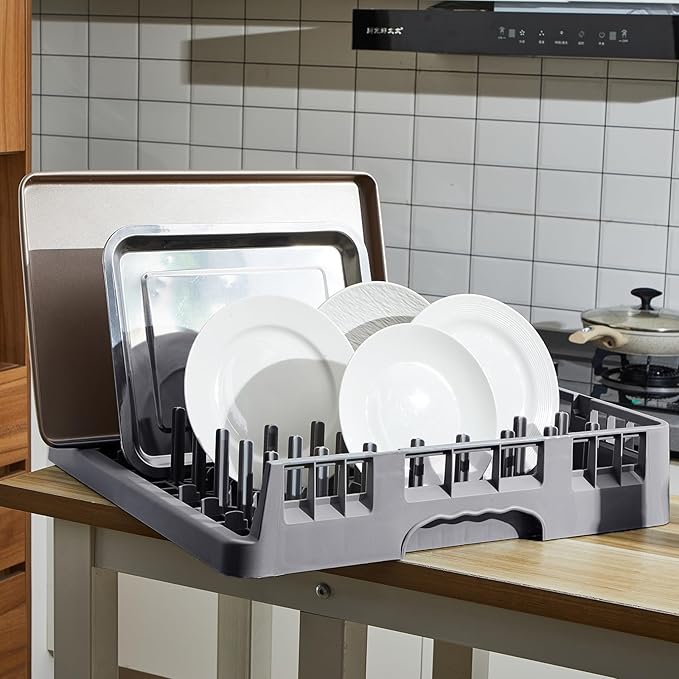 Commercial Dishwasher Tray Rack Polypropylene Full Size Flatware Rack for Bowls Plates Knives Forks Cups (19.7 x 19.7 x 3.97 Inch,Peg Dish Opening,Gray)