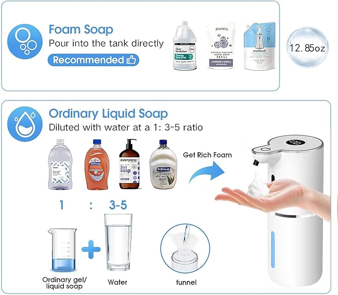 Automatic Foaming Soap Dispenser,6 Level Adjustable Foam, Wall Mount Soap Dispenser,USB Rechargeable with LED Display,12.8oz/ 380ml Touchless Hand & Dish Dispenser for Bathroom, Kitchen