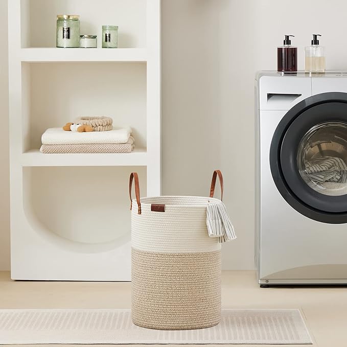 VIPOSCO Small Laundry Basket, Slim Baby Hamper with Leather Handle, Cute Woven Rope Storage Basket for Blanket, Kids Toy, Clothes In Living Room, Bathroom, Bedroom, Nursery Room - 30L White & Brown