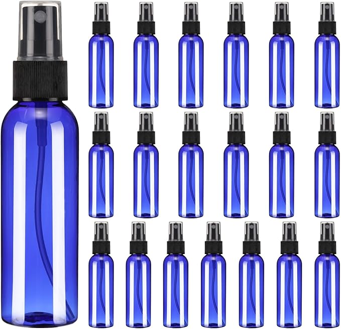 uxcell 20 Pack Spray Bottles, 2 Oz/60ML Reusable Clear Empty Mist Plastic Mini Travel Bottle Set,Small Refillable Liquid Containers for Essential Oil, Cleaning (Blue Black)