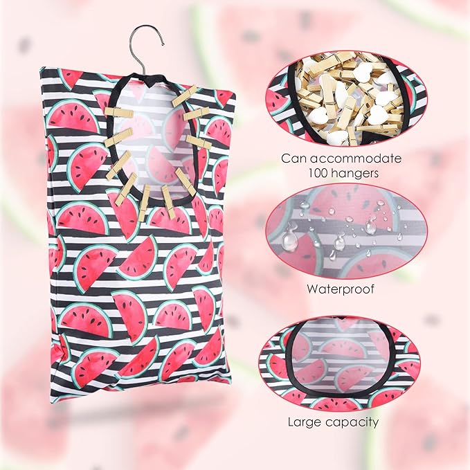 2 Pcs Watermelon Clothespin Bag with Hanging Hook 15 X 11 Inch Watermelon Laundry Canvas Clothes Pin Holder Waterproof Clothespin Bag Clothespin Storage Organizer with A Large Opening (Watermelon)