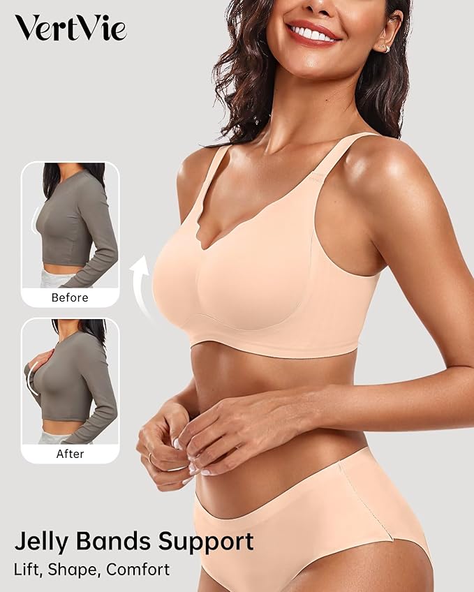 Vertvie Womens Seamless Bras No Underwire Supportive Wireless Push Up Full Coverage Bralette Comfort Scalloped T-Shirt Bra
