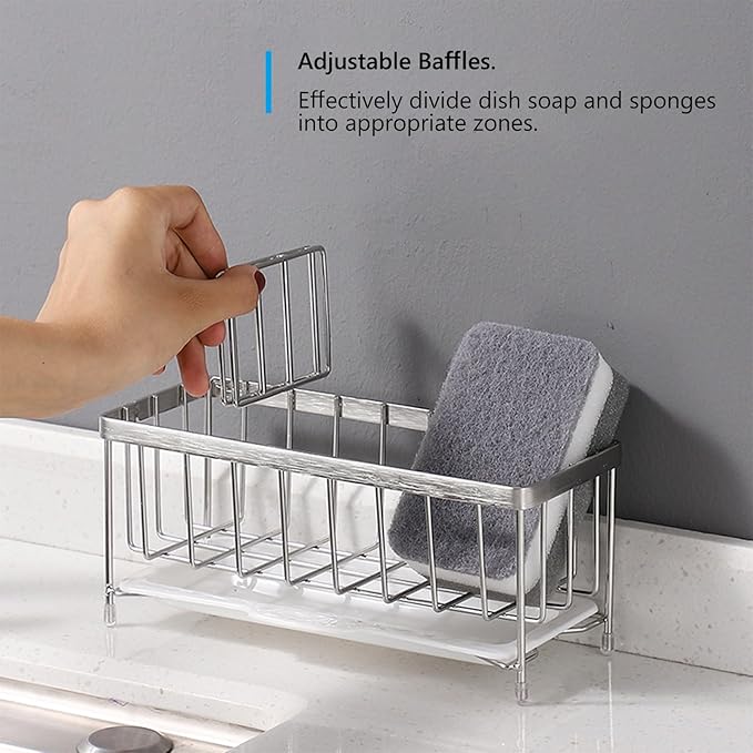 Kavciva Sink Caddy Sponge Holder,304 Stainless Steel Dish Brush Holder,Kitchen Countertop Sink Rack,Dish Soap Holder,Dishwashing Tool Drying Tray with Adjustable Partitions,Essential Kitchen Shelves
