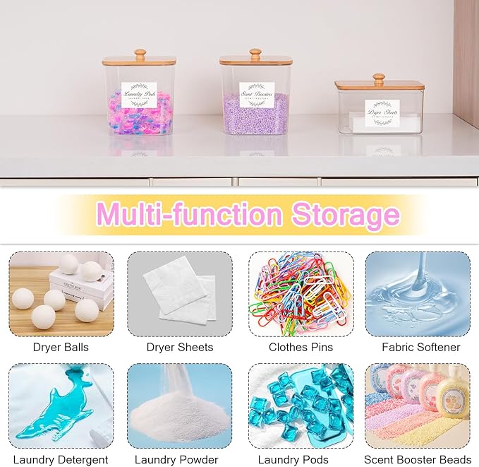 efluky 3 Pack Laundry Pods Container & Dryer Sheet Holder Set,Clear Laundry Room Organization Containers with Bamboo Lids and Labels,Laundry Pods Holder for Scent Booster,Powder,Pod