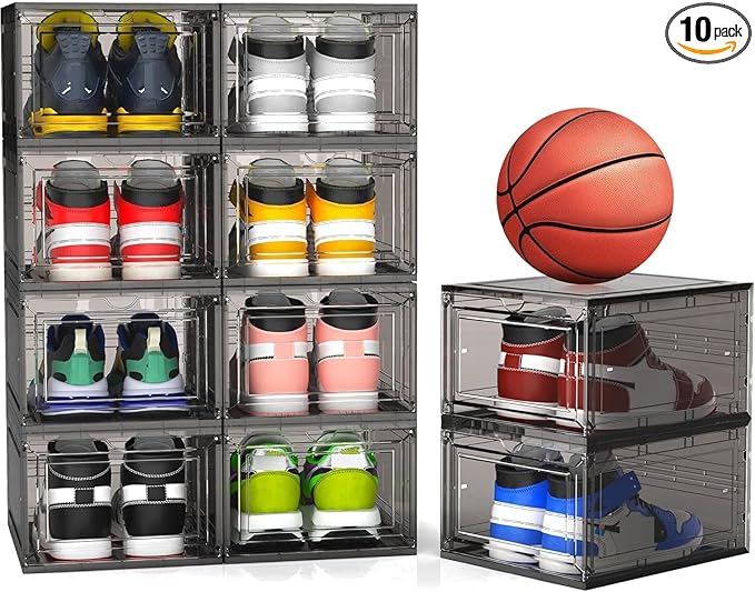 Mitees 10 Pack XX Large Thicken Sturdy Hard Plastic Clear Stackable Shoe Storage Boxes for Size 12, Sneaker Shoe Rack Containers Holders Bins Display Case Organizer for Closet, Grey02