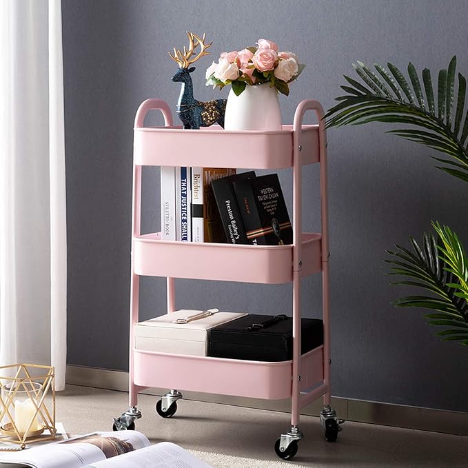 AGTEK Makeup Cart, Movable Rolling Organizer Cart, 3 Tier Metal Utility Cart Pink