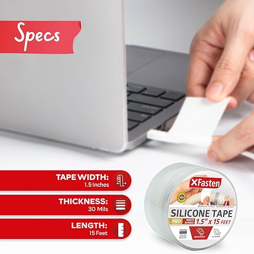 XFasten Self-fusing Silicone Tape Pro, White, 1.5-Inch x 15-Feet, 30mils Heavy-Duty Plumbing Tape for Leaks, Radiator Hose, Drain Pipes, Electrical Cords, and Garden Hose, High Pressure Resistant