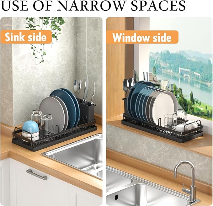 Small Dish Drying Rack, Compact Sink Dish Drainer Plate Rack Organizer with Utensil Holder and Silicone Drying Mat for Kitchen Counter, RVs, Apartments