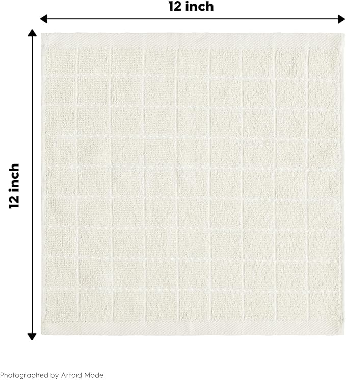 Artoid Mode Checkered Designed Cotton Beige Grey Terry Kitchen Dish Cloths, 12x12 Inch Soft Absorbent Quick Drying Cleaning Kitchen Rags Set of 6