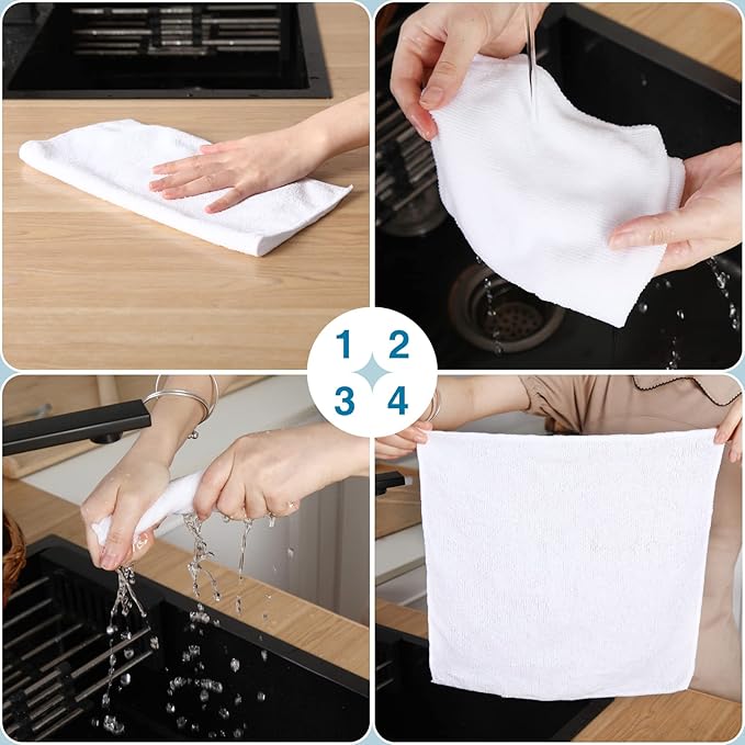 200 Pieces Microfiber Cleaning Cloths Bulk Absorbent Microfiber Towels Reusable Lint-Free Streak Free Wash Rags for House Kitchen Office Restaurants Bar Shop Car, 12 x 12 Inches (White)