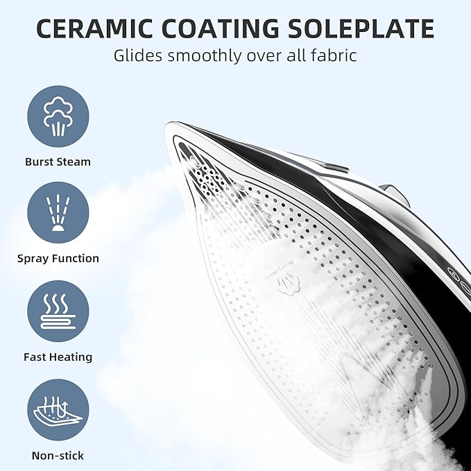 Steam Iron for Clothes Rapid Heating, 1700W Iron with Non-Stick Ceramic Soleplate, 3-Way Auto-Off, Burst of Steam, Self-Cleaning, 14.07oz Water Tank Ironing Clothes for Home, Grey
