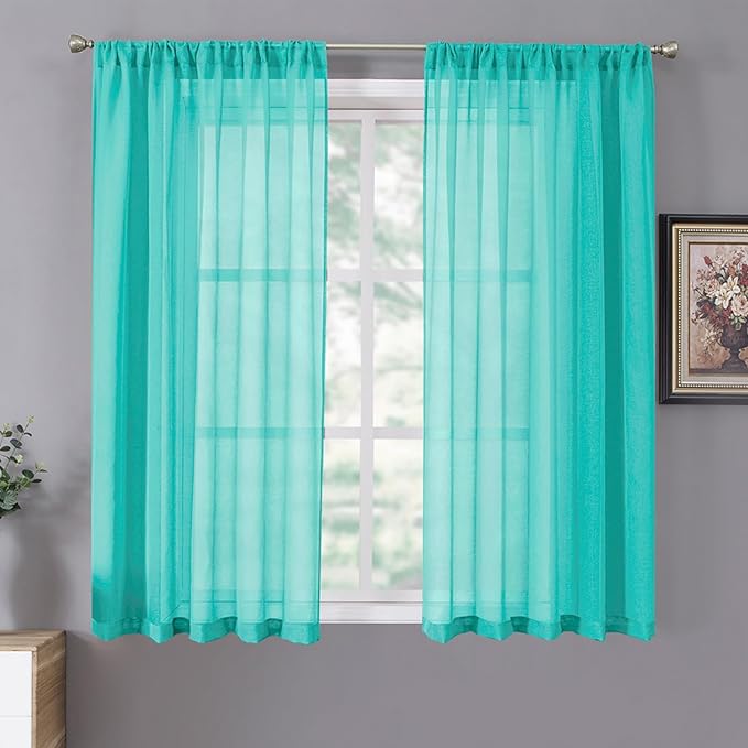 Tollpiz Short Sheer Curtains Linen Textured Bedroom Curtain Sheers Light Filtering Rod Pocket Voile Curtains for Living Room, 54 x 45 inches Long, Aqua Blue, Set of 2 Panels