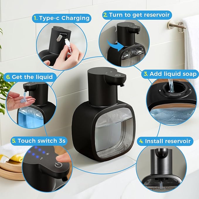 Automatic Liquid Soap Dispenser, 17oz/500ml Touchless Rechargeable with 4-Level Adjustable & IPX5 Waterproof - Level Display for Wall/Tabletop Use in Bathroom, Kitchen, Black