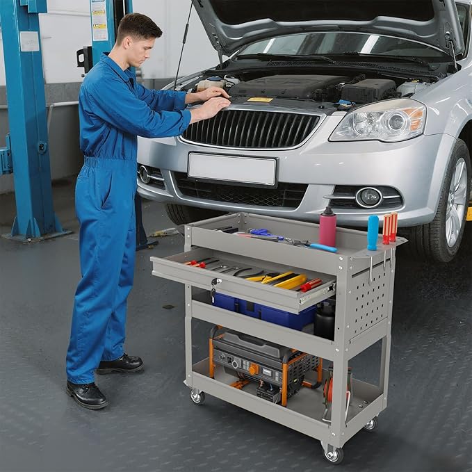 3 Tier Rolling Tool Cart with Drawers, 450 LBS Capacity Tool Cart on Wheels, Heavy Duty Rolling Utility Cart with Drawers, Rolling Utility Carts for Garage, Warehouse and Repair Shop,Gray