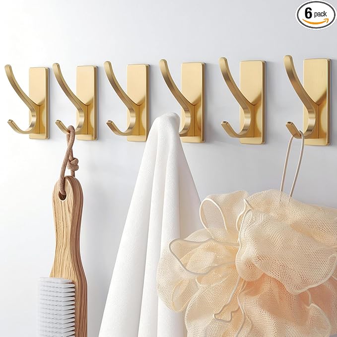 pickpiff Self Adhesive Coat Hooks for Hanging, Heavy Duty Stainless Double Wall Hook for Towel, Backpack, Hat, Sturdy Metal Hanger for Bathroom, Bedroom, Door, Wall Mounted, 6-Pack, Brushed Gold