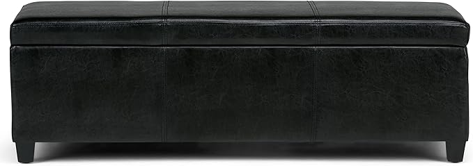 SIMPLIHOME Avalon 48 inch Wide Contemporary Rectangle Storage Ottoman Bench in Midnight Black Vegan Faux Leather, Assembled, for the Living Room, Entryway and Family Room